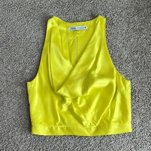 Bright yellow silky cowl neck top
